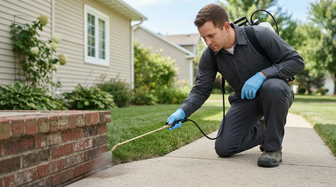 Pest control technician treating a home near Leoti, KS