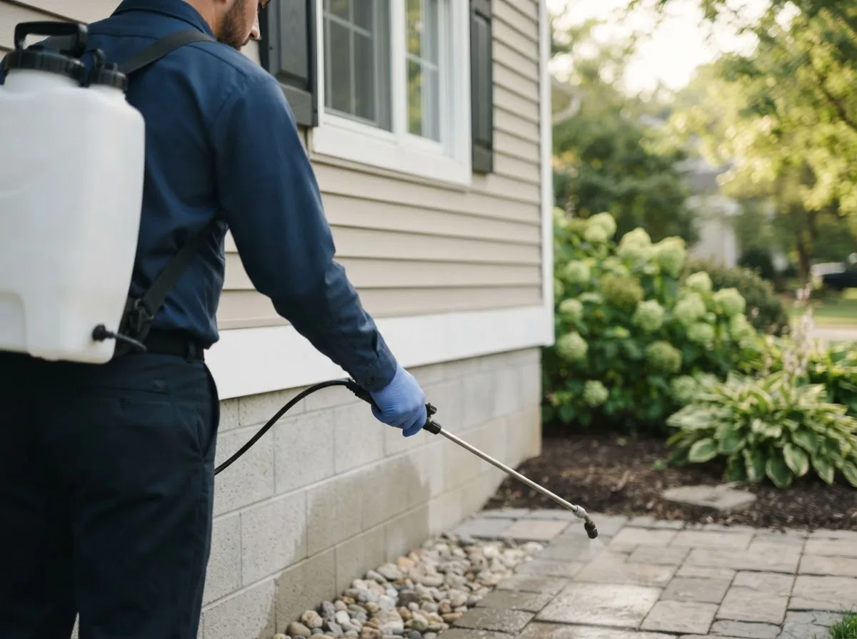 Pest control technician inspecting a home in Leoti, KS